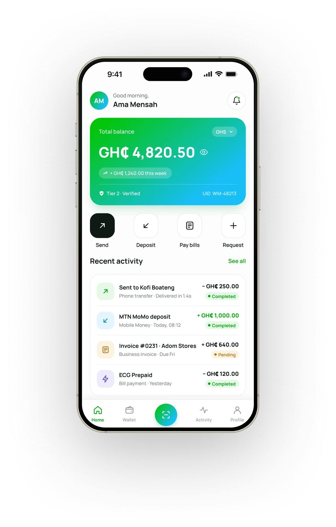 Wiremee app home screen showing a balance of GH₵ 4,820.50 and recent activity